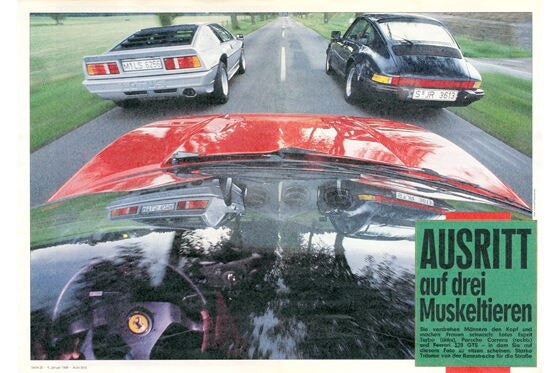 Doppelseite aus AUTo BILD, Headline: Ausritt auf drei Muskeltieren