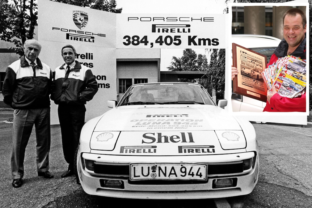 historisches Schwarzweißfoto mit dem Porsche 944; dazu AUTO BILD-Redakteur Willy Kock