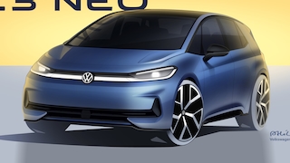 Designskizze des VW ID.3 Neo schräg von vorn mit LED-Lichtband.