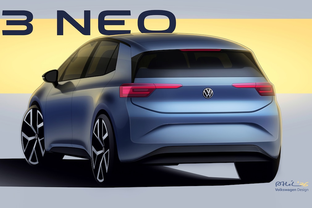 Heckansicht des VW ID.3 Neo mit schmalen LED-Rückleuchten.