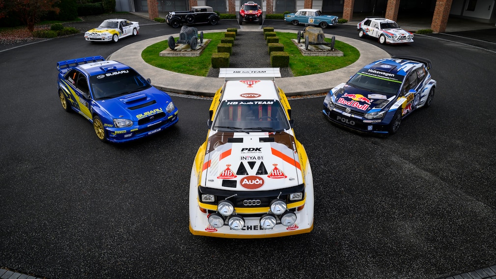 Rallyeautos: u. a. Audi Sport quattro S1, Lancia Delta S4, Subaru Impreza WRC, Opel Manta B 400 und VW Polo Monte Carlo