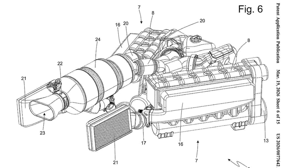Patentzeichnung des Ferrari V12-Motors mit zwei Kurbelwellen