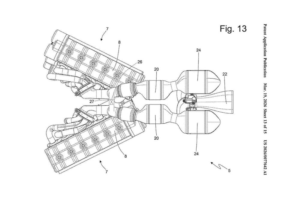 Patentzeichnung des Ferrari V12-Motors mit zwei Kurbelwellen
