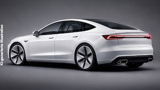 KI-generierte Illustration einer Tesla-Limousine mit Endrohren für einen Verbrenner.
