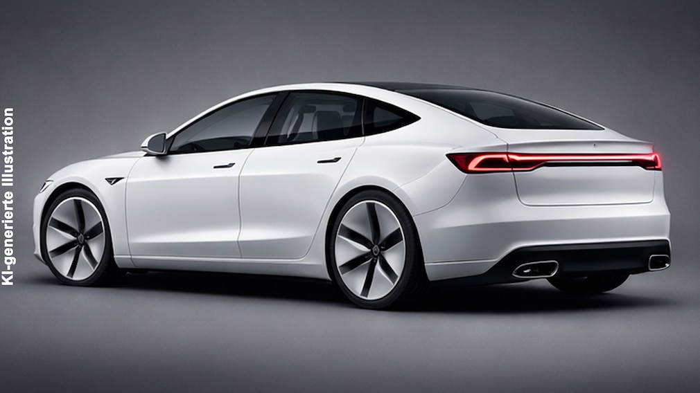 KI-generierte Illustration einer Tesla-Limousine mit Endrohren für einen Verbrenner.