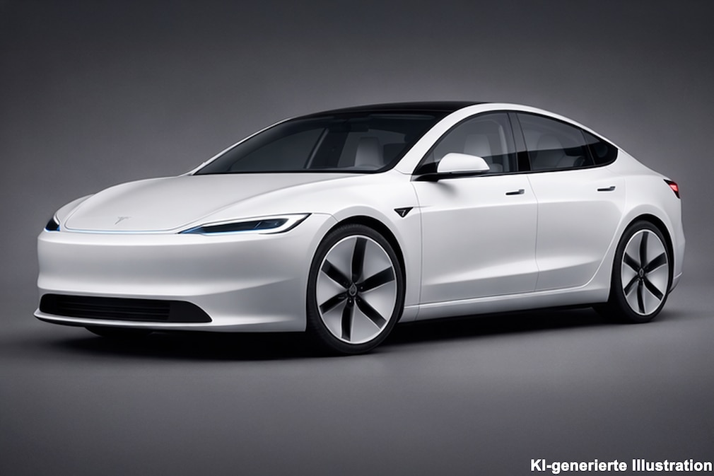 KI-generierte Illustration einer Tesla-Limousine mit Endrohren für einen Verbrenner.
