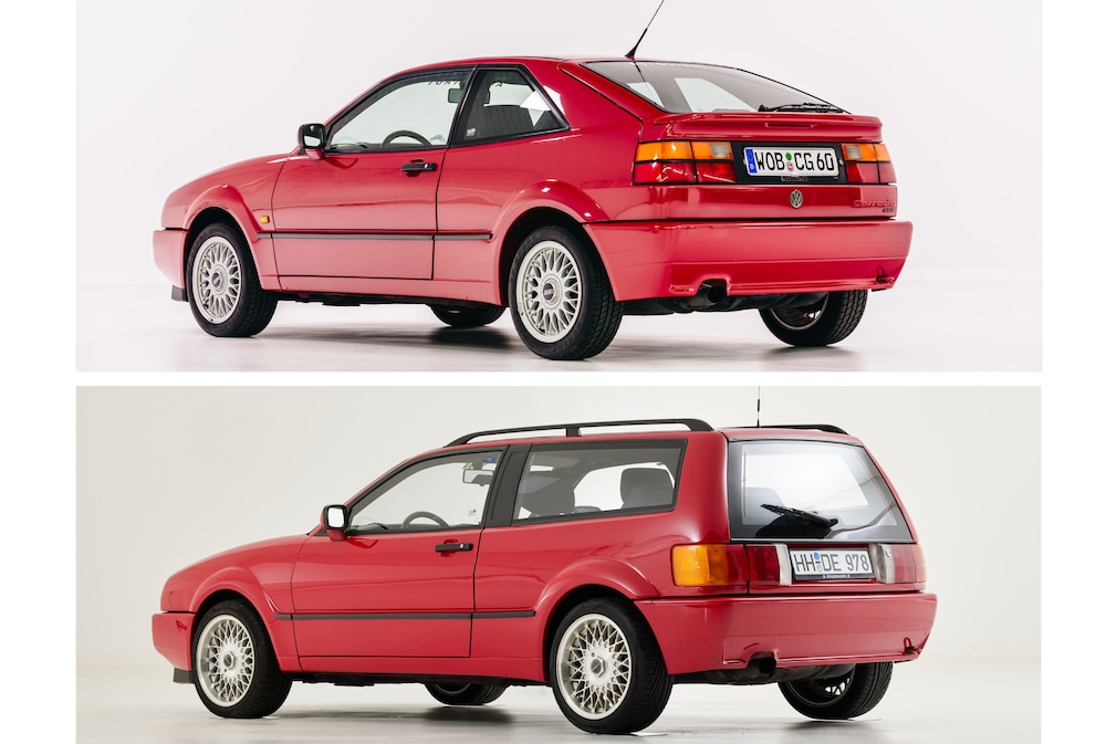 zwei Studiofotos: VW Corrado und MAG Magnum jeweils von schräg hinten