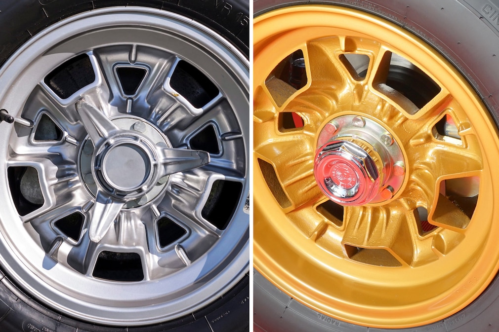 Rad des des Lamborghini Miura, links Italien-Modell mit Zentralverschluss, rechts Deutschland-Modell mit achteckiger Nabenkappe