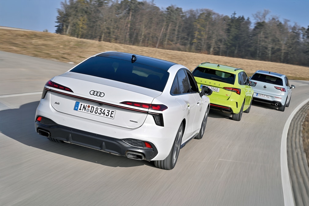 Audi A6 e-hybrid quattro, Skoda Octavia Combi RS & VW Golf GTI