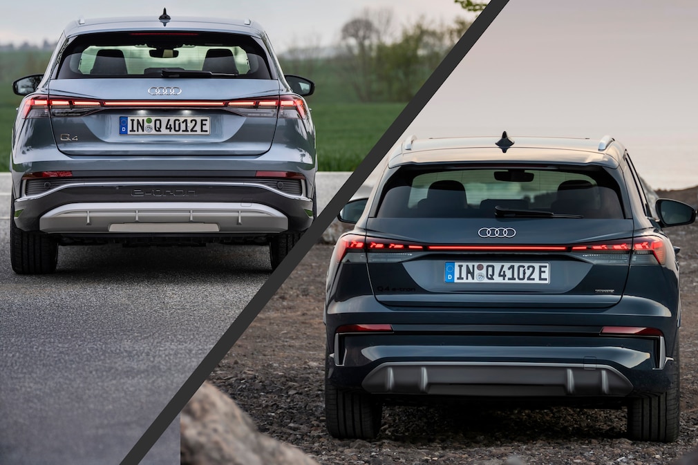 Das Heck des Audi Q4 e-tron Vorfacelift und Facelift nebeneinander.