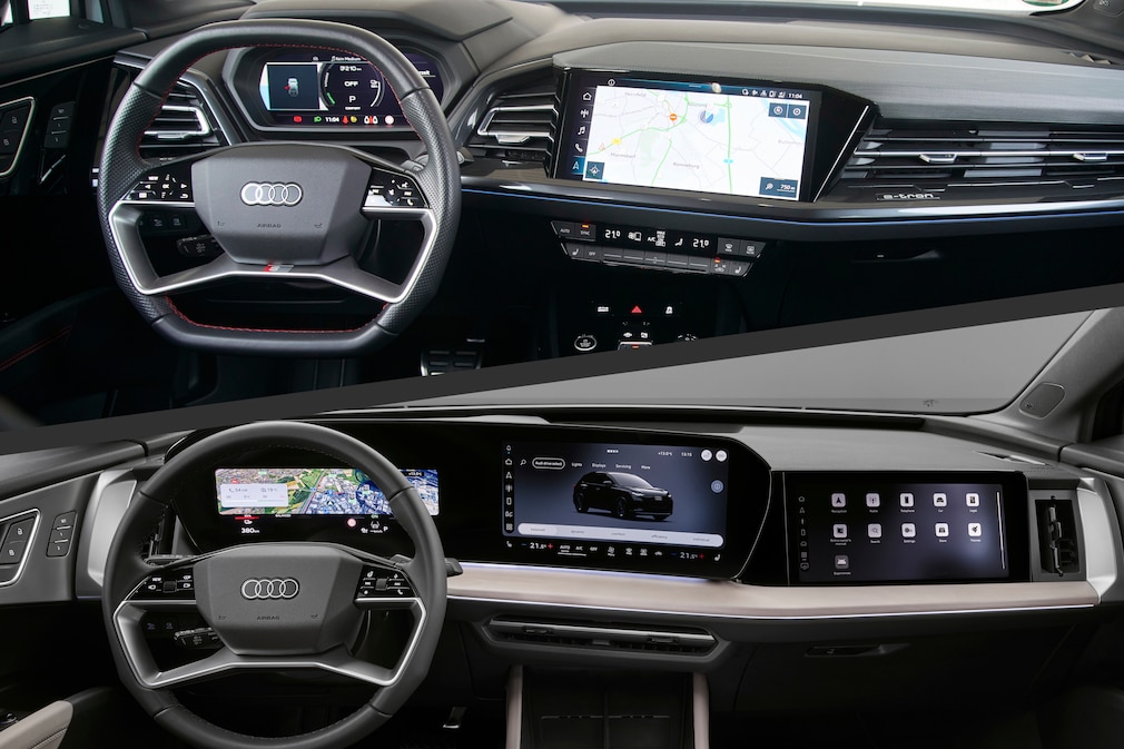 Der Innenraum des Audi Q4 e-tron Vorfacelift und Facelift nebeneinander.