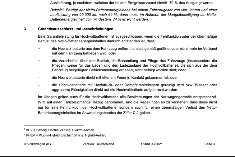 Auszug aus den Vorschriften zur Neuwagengarantie der Volkswagen AG