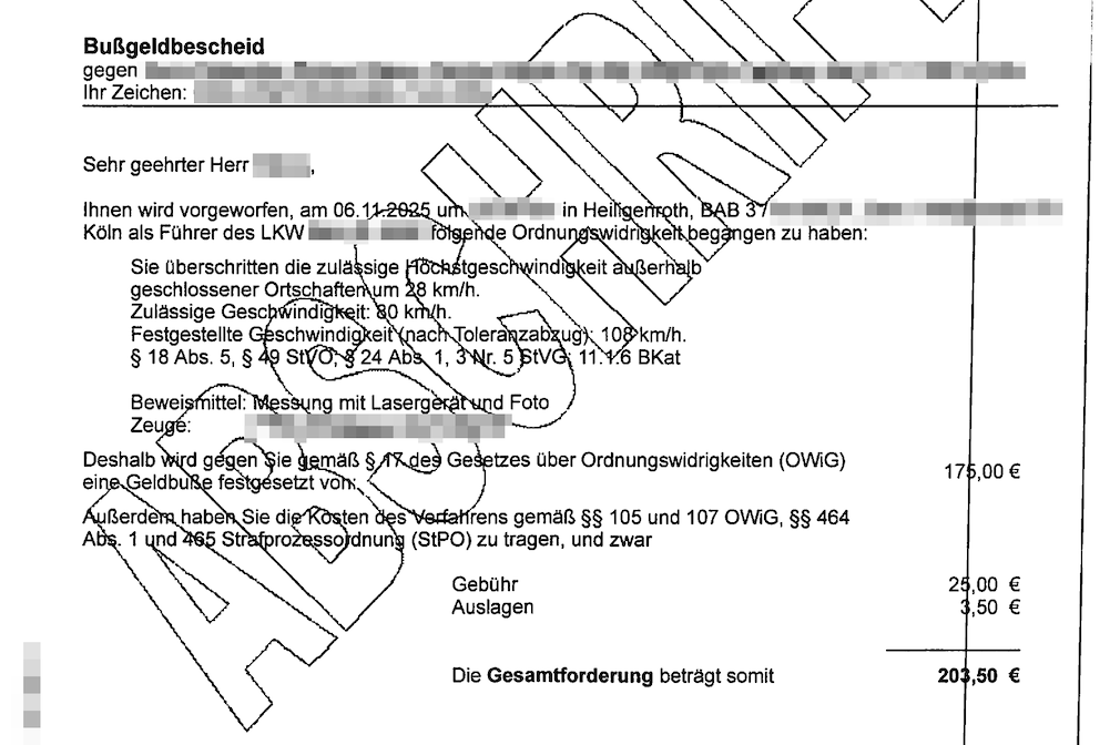 Neues Blitzerfoto Tempokontrolle Bußgeldbescheid Verwechslung Pkw mit Lkw Audi SUV