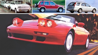 Collage aus Kia Pride, Kia Sportage I, Kia Clarus Kombi und Kia Elan / Kia Roadster