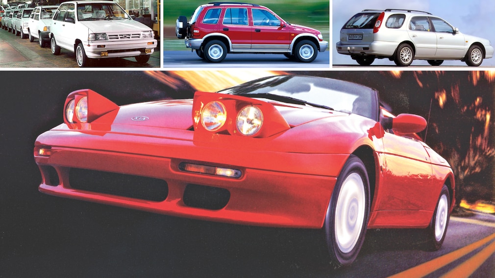 Collage aus Kia Pride, Kia Sportage I, Kia Clarus Kombi und Kia Elan / Kia Roadster