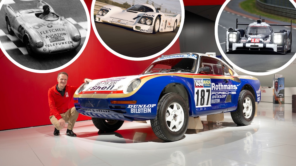 Collage aus Porsche 959 Paris-Dakar, Porsche 550 Spyder, Porsche 952 IMSA und Porsche 919 Hybrid