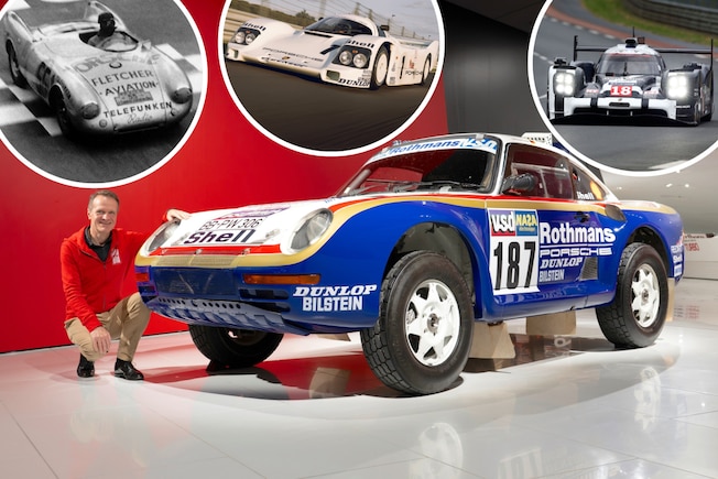 Collage aus Porsche 959 Paris-Dakar, Porsche 550 Spyder, Porsche 952 IMSA und Porsche 919 Hybrid