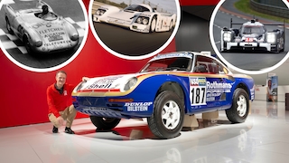 Collage mit vier Porsche-Rennwagen