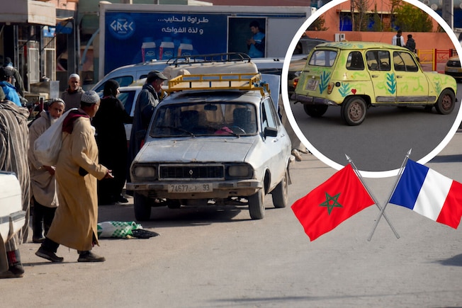 Collage: Straßenszene mit Marokko mit Renault 12, dazu ein bunter Renault 4, die marokkanische und die französische Flagge