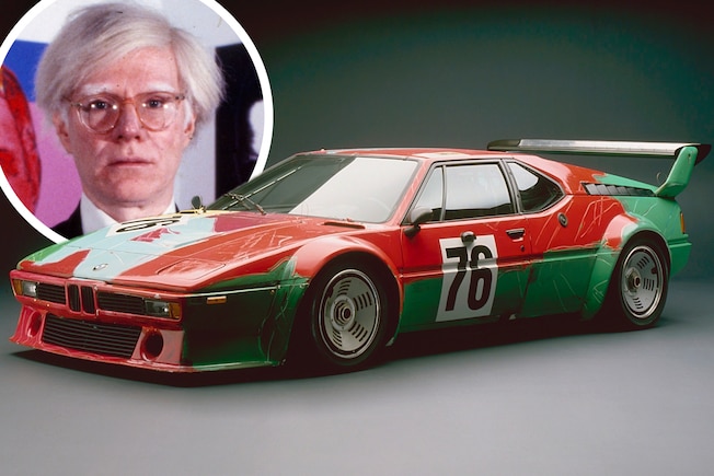 Collage aus dem BMW M1 Art Car und einem Portraitfoto von Andy Warhol
