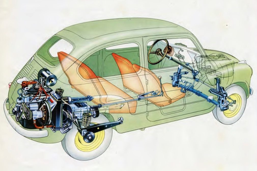 Prospekt des Seat 600, Schnittzeichnung / Röntgendarstellung
