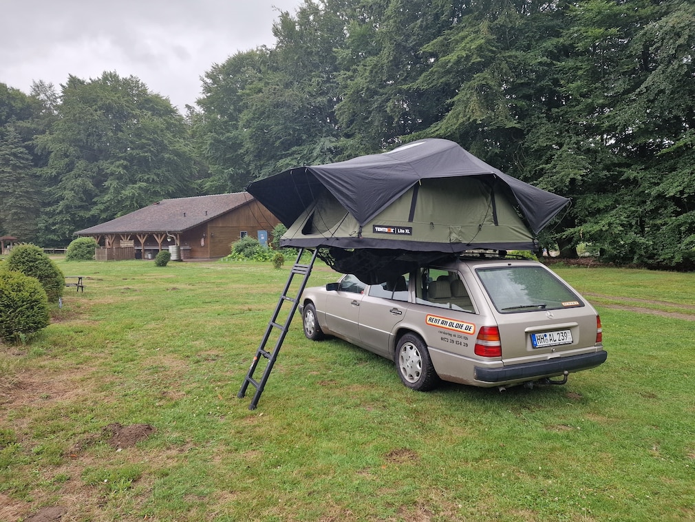 Mercedes 230 TE der Baureihe 124 mit Dachzelt auf einem Campingplatz