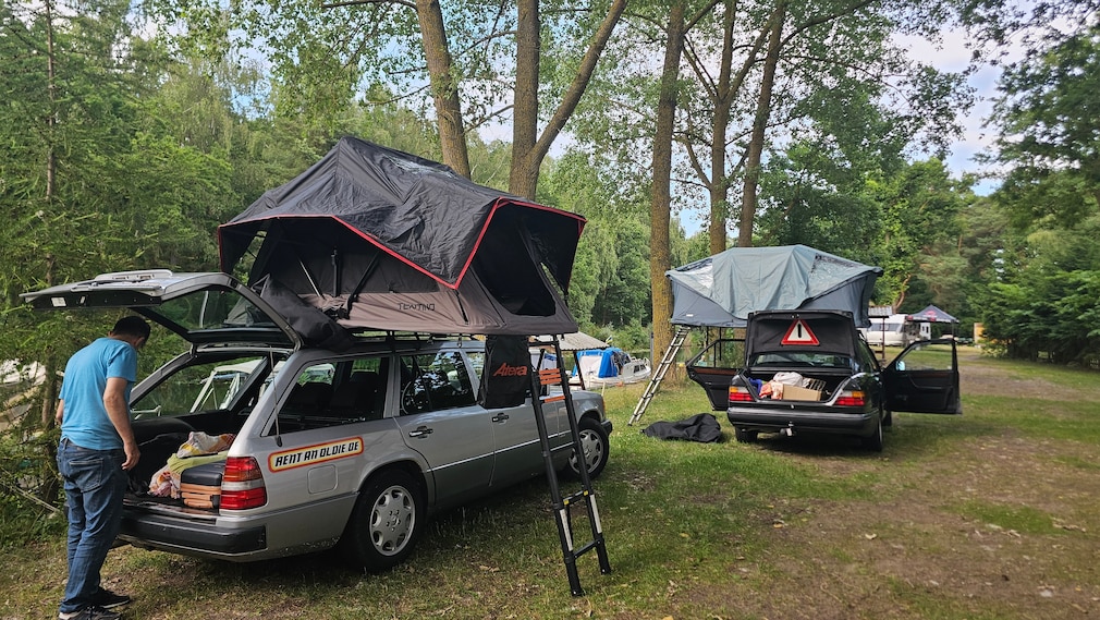 Zwei Mercedes 124 mit Dachzelten auf einem Campingplatz im Wald. Beide Autos haben einen offenen Kofferraum.