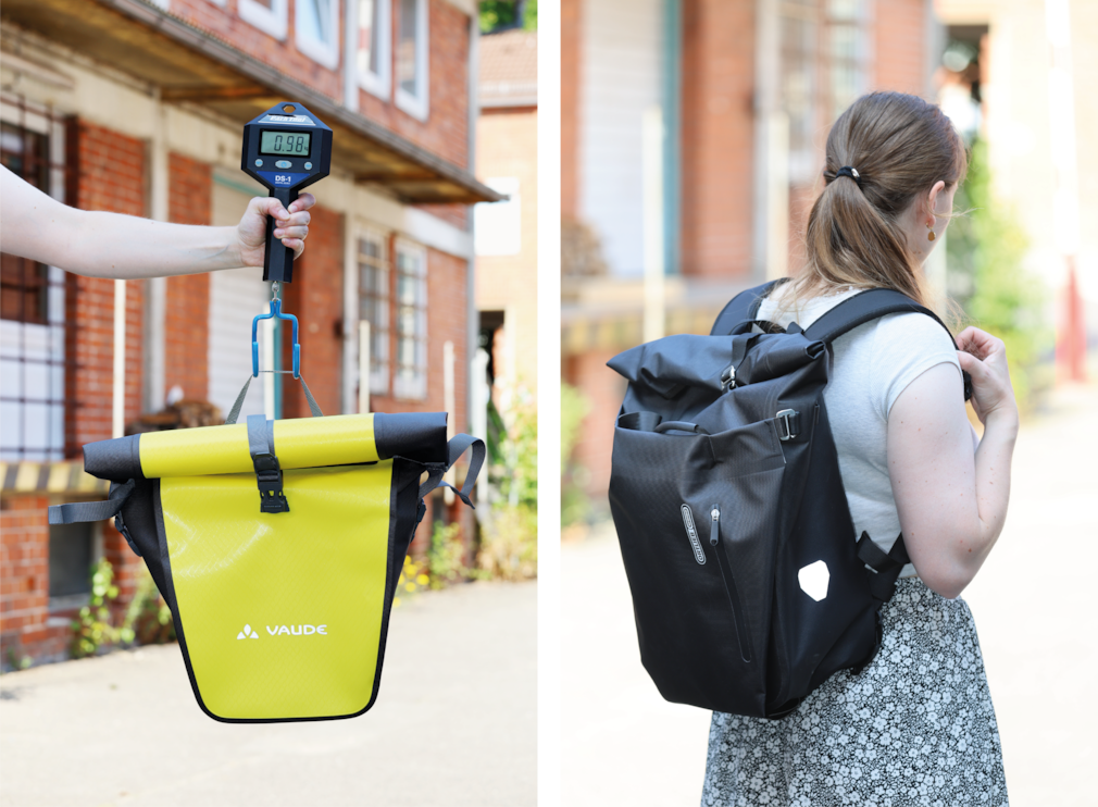 Links: Die Vaude Aqua Bag an einer Hängewaage. Rechts: Der Ortlieb Vario PS QL2.1 auf dem Rücken.