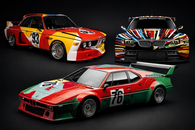Collage aus BMW Art Cars: BMW 3.0 CSL Alexander Calder, BMW M3 GT2 Jeff Koons und BMW M1 Gruppe 4 Andy Warhol