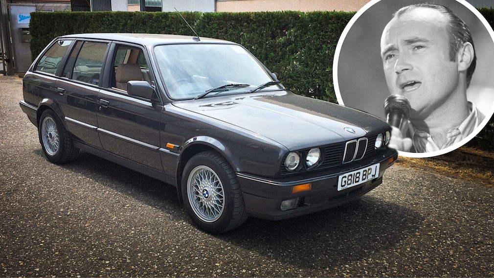 Collage: BMW 325i Touring und Gesicht des singenden Phil Collins