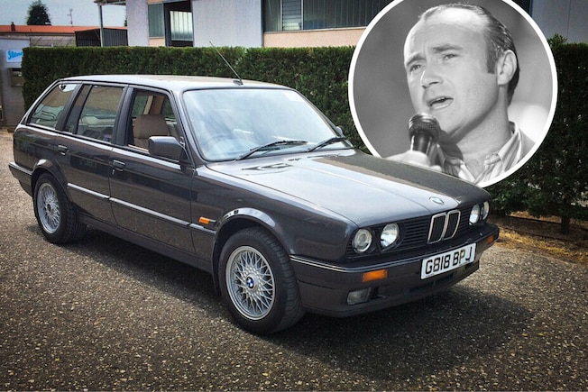 Collage: BMW 325i Touring und Gesicht des singenden Phil Collins