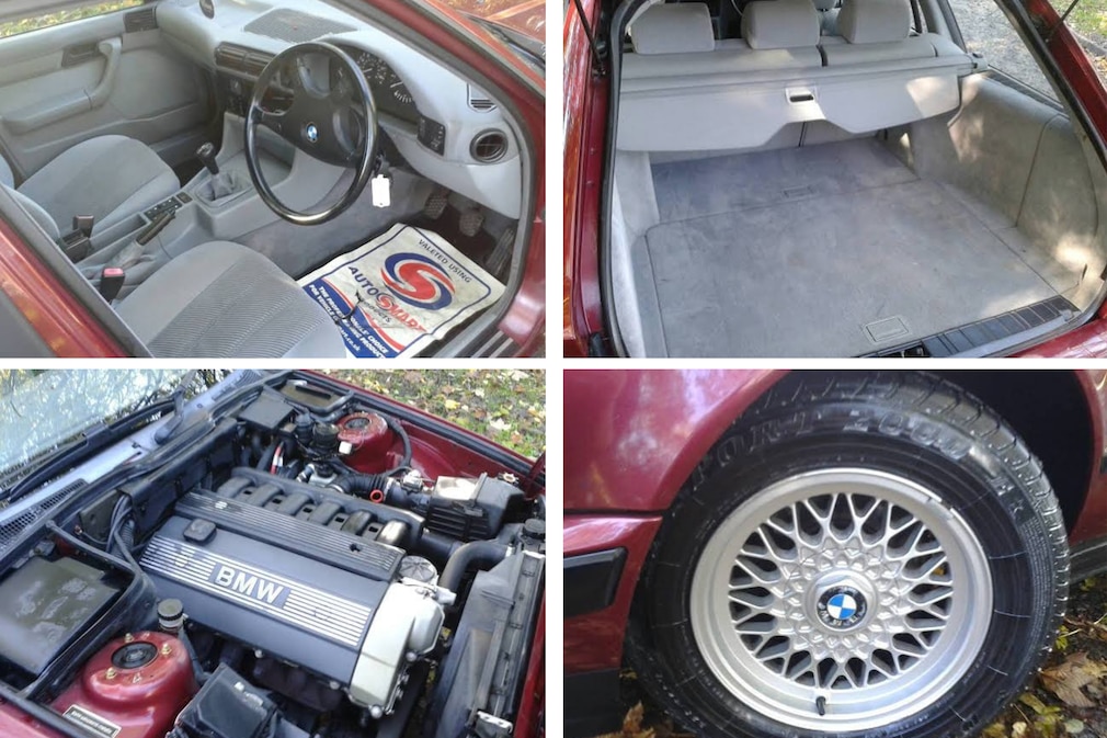 Vier Details vom BMW 520i Touring (E34): Cockpit, Kofferraum, Motor und Vorderrad