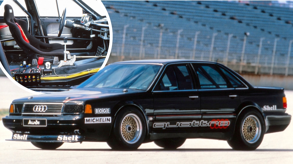 Weltrekordauto, Rekordauto: Audi 5000 CS turbo quattro Baujahr 1986, stehend schräg von vorn, plus Foto vom Innenraum