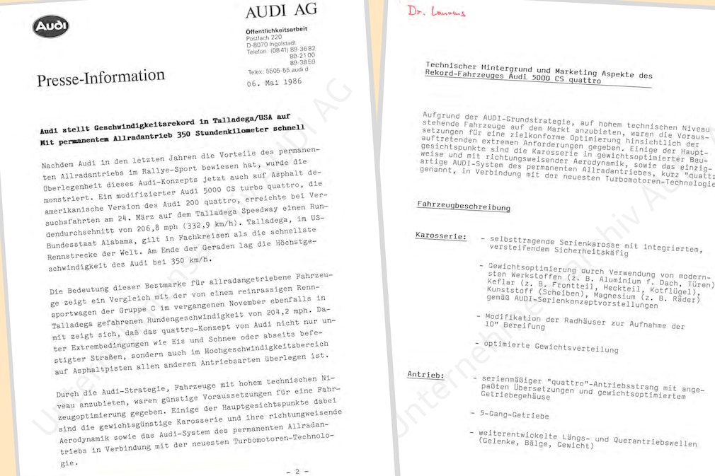 zwei Seiten der Audi-Pressemitteilung vom 6. Mai 1986