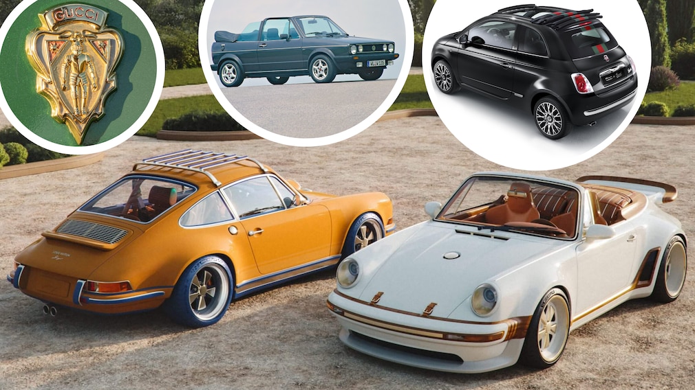 zwei Porsche 911 Singer / Louis Vuitton, dazu ein VW Golf 1 Cabrio Etienne Aigner und ein Fiat 500 by Gucci