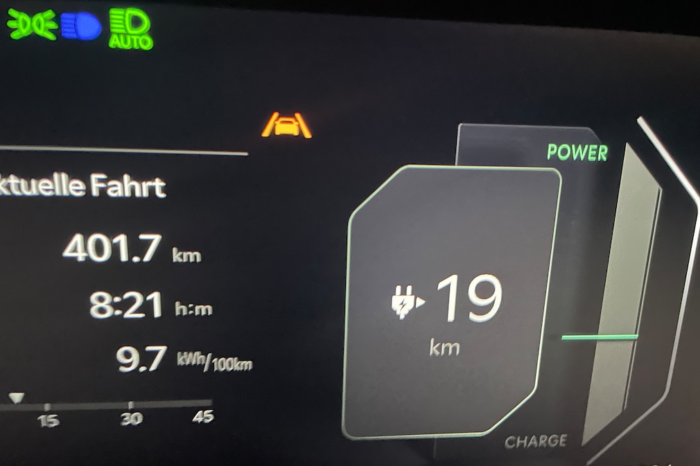 Bordcomputer im Kia EV2: 401,7 km sind gefahren, die Restreichweite beträgt 19 km