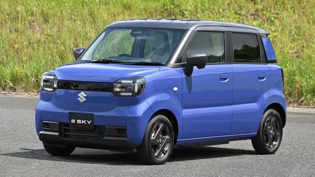 Suzuki eSky stehend auf einem Parkplatz vor einer Wiese.