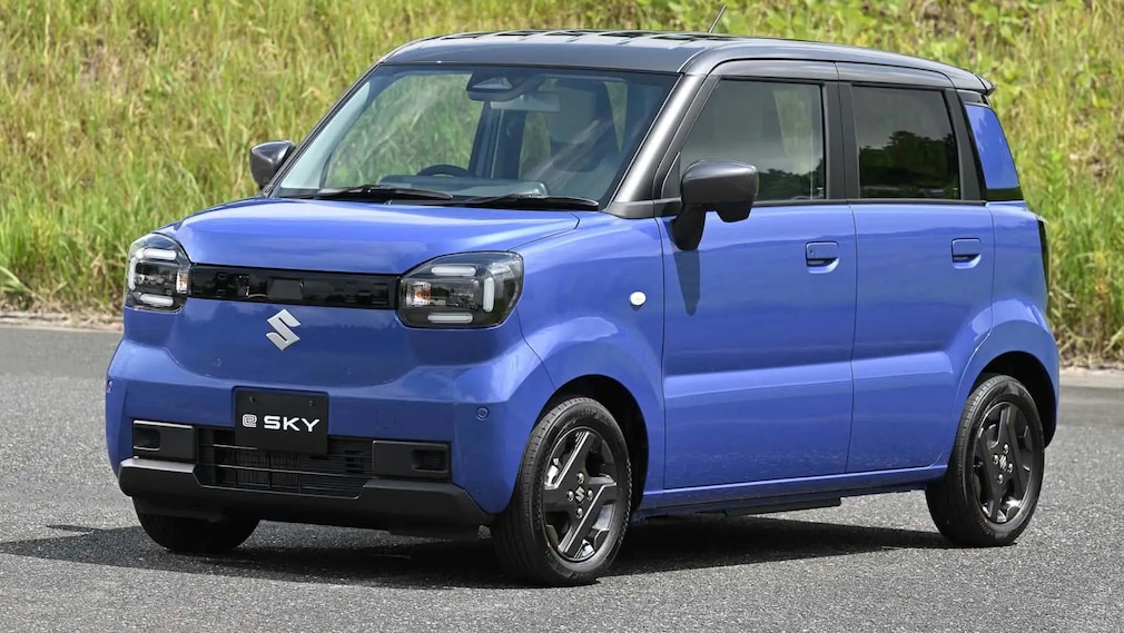 Suzuki eSky stehend auf einem Parkplatz vor einer Wiese.