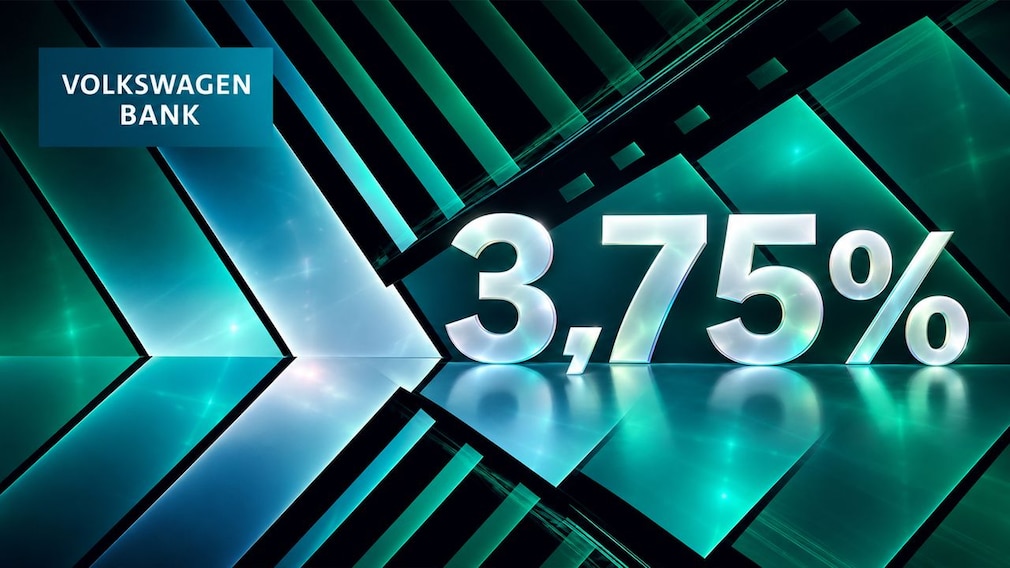 Links oben steht „VOLKSWAGEN BANK“. Rechts in der Bildmitte ist groß „3,75%“ zu sehen. Der Hintergrund besteht aus abstrakten, türkis leuchtenden Linien und geometrischen Flächen.