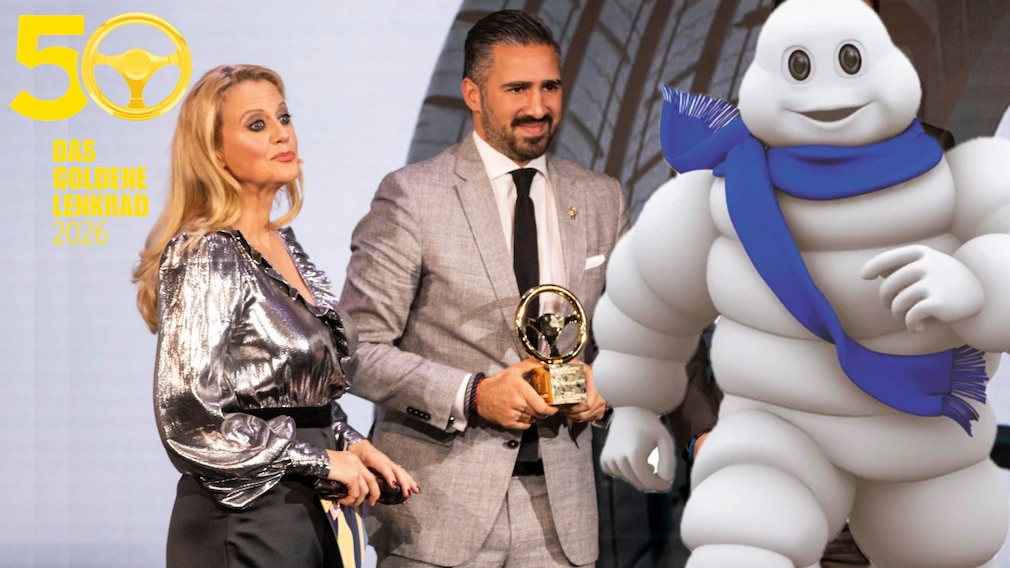 Barbara Schöneberger, Michelin-Manager Anish K. Taneja und das Michelin-Männchen Bibendum