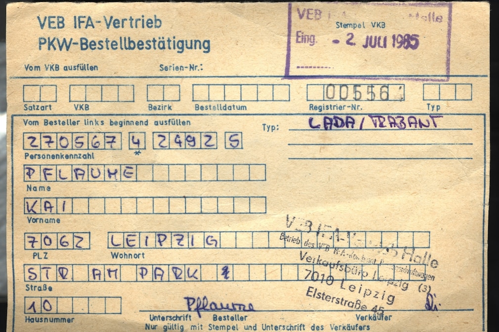 Bestellformular Trabant von Kai Pflaume: Trabi-Bestellschein von 1985