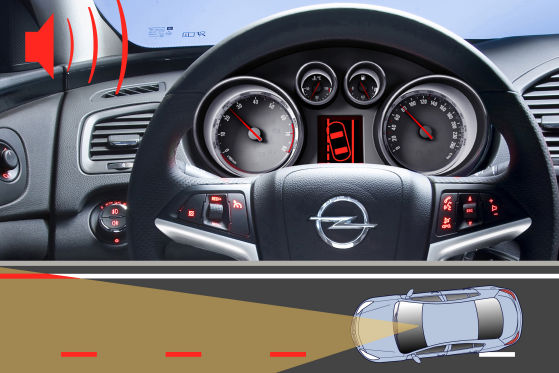 Der Spurhalteassistent erkennt mittels Strich- und Längsstrukturen die Fahrbahn. Droht ein Abflug von der Piste, warnt das System per Gong und Blinksignal im Kombi-Instrument.
