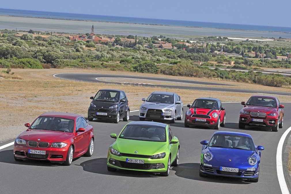 Porsche 911 Carrera 4S, VW Scirocco 2.0 TSI, BMW 135i, Mitsubishi Lancer Evo X, Mini John Cooper Works, Smart fortwo Brabus, BMW X6 50i
