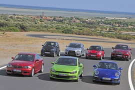 Porsche 911 Carrera 4S, VW Scirocco 2.0 TSI, BMW 135i, Mitsubishi Lancer Evo X, Mini John Cooper Works, Smart fortwo Brabus, BMW X6 50i