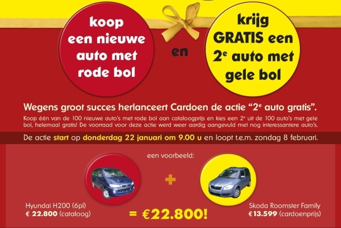 Das belgische Autohaus Cardoen verkauft zwei Autos zum Preis von einem.