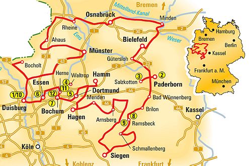 Die Technikstraße: vom Münsterland im Norden bis zum Siegerland im Süden, von Paderborn im Osten bis Bochum im Westen.