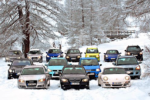 Wer wird Schneekönig? 14 Autos aus sieben Klassen im Antriebstest.