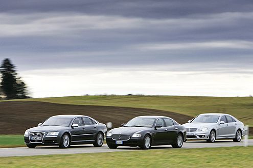 Sport und Luxus: Audi S8, Maserati Quattroporte und Mercedes S 63 AMG.