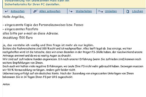 Abwicklung übers Internet. Anton gibt Anweisungen per E-Mail.