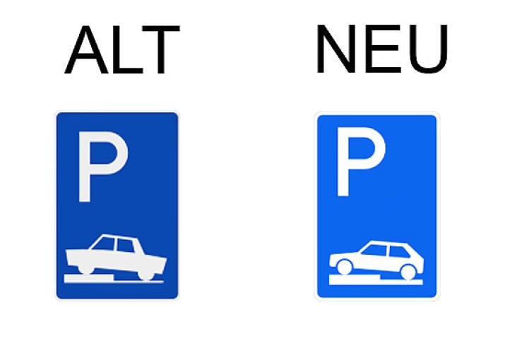 Verkehrsschild Parken halb auf Gehwegen quer zur Fahrtrichtung links